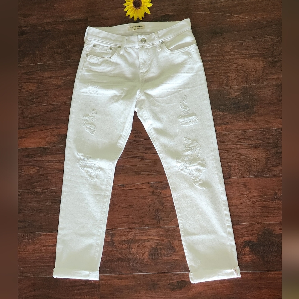 Madewell Rivet & Thread Distressed High Rise Boyjean In White 💗 - Picture 3 of 11